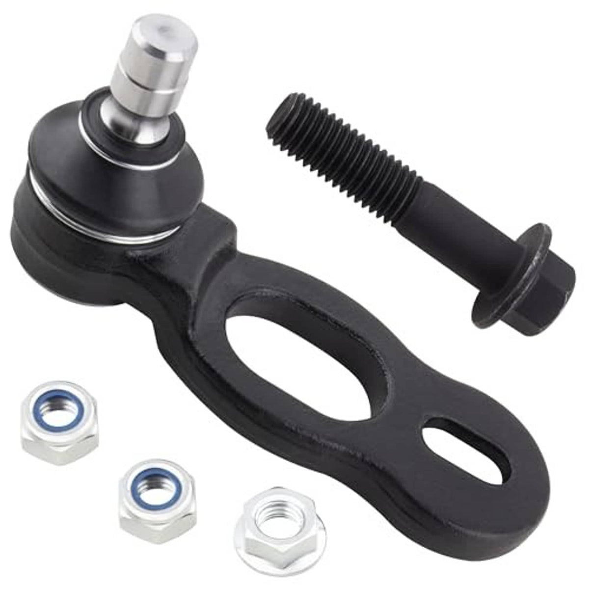 Front upper ball joint set with black bracket, steel stud, long threaded bolt and nuts.