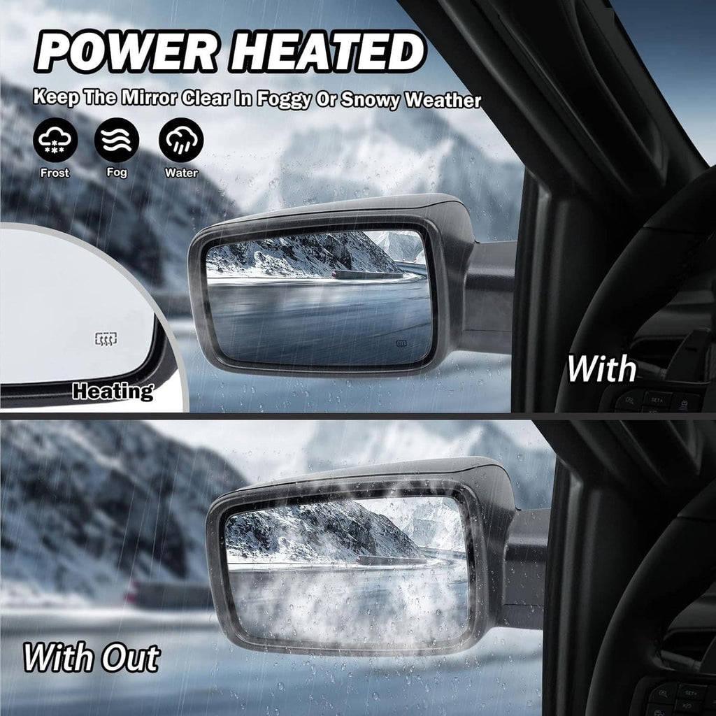Left driver heated mirror glass with defrost-style heating area inside the frame