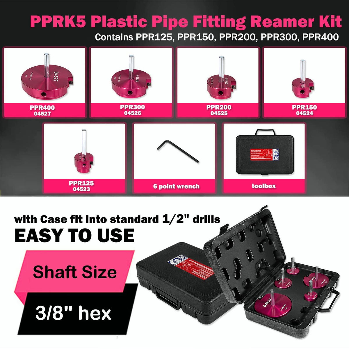 Plastic pipe fitting reamer kit for 1/2-inch drills with multiple reamer heads and wrench