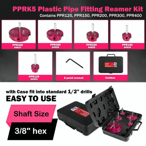 Plastic pipe fitting reamer kit for 1/2-inch drills with multiple reamer heads and wrench