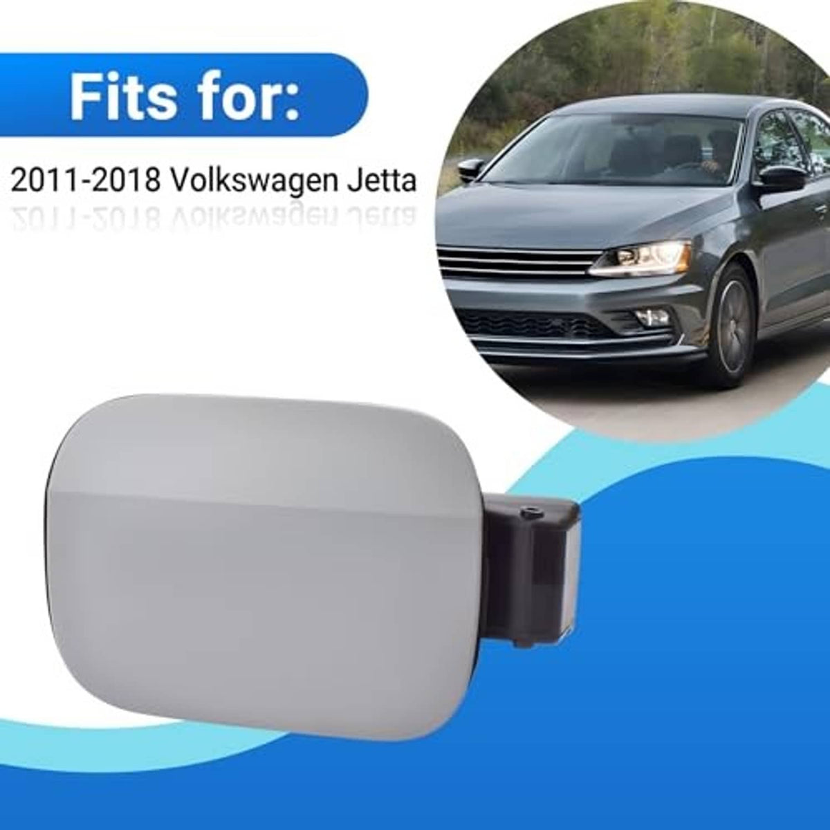 Gray fuel tank door cover with black latch and rounded cover shape