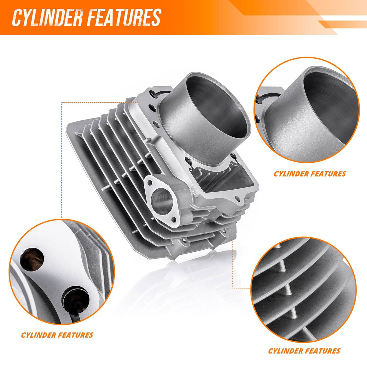 Aluminum cylinder with cooling fins and intake opening, close-up view