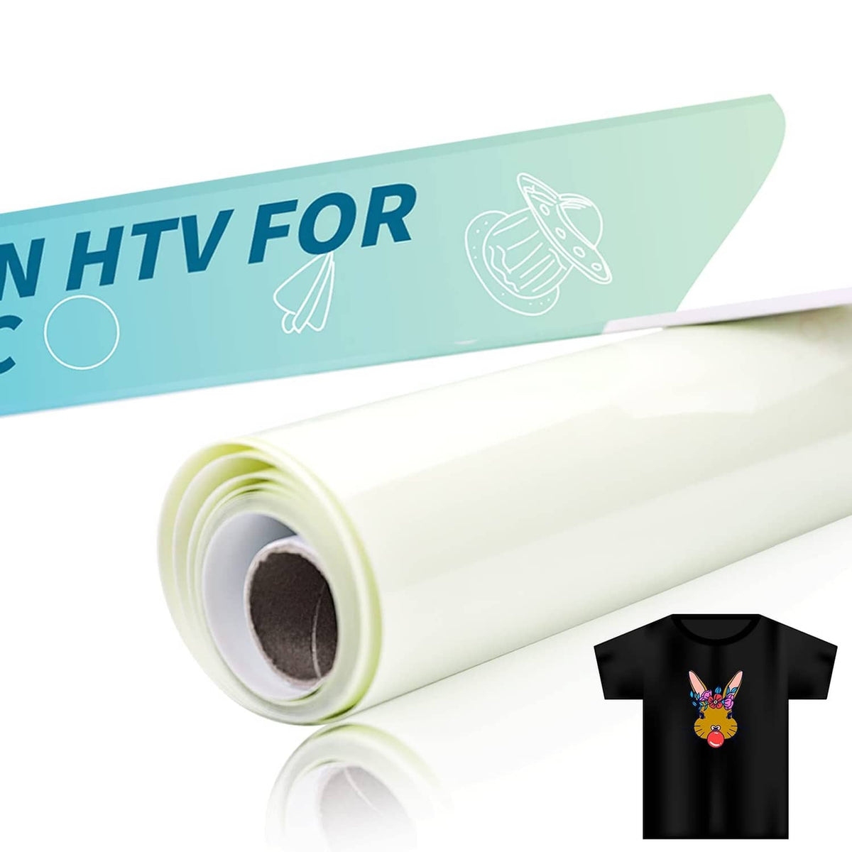 Sublimation HTV vinyl roll, light mint sheet backing with glossy printed transfer and T-shirt