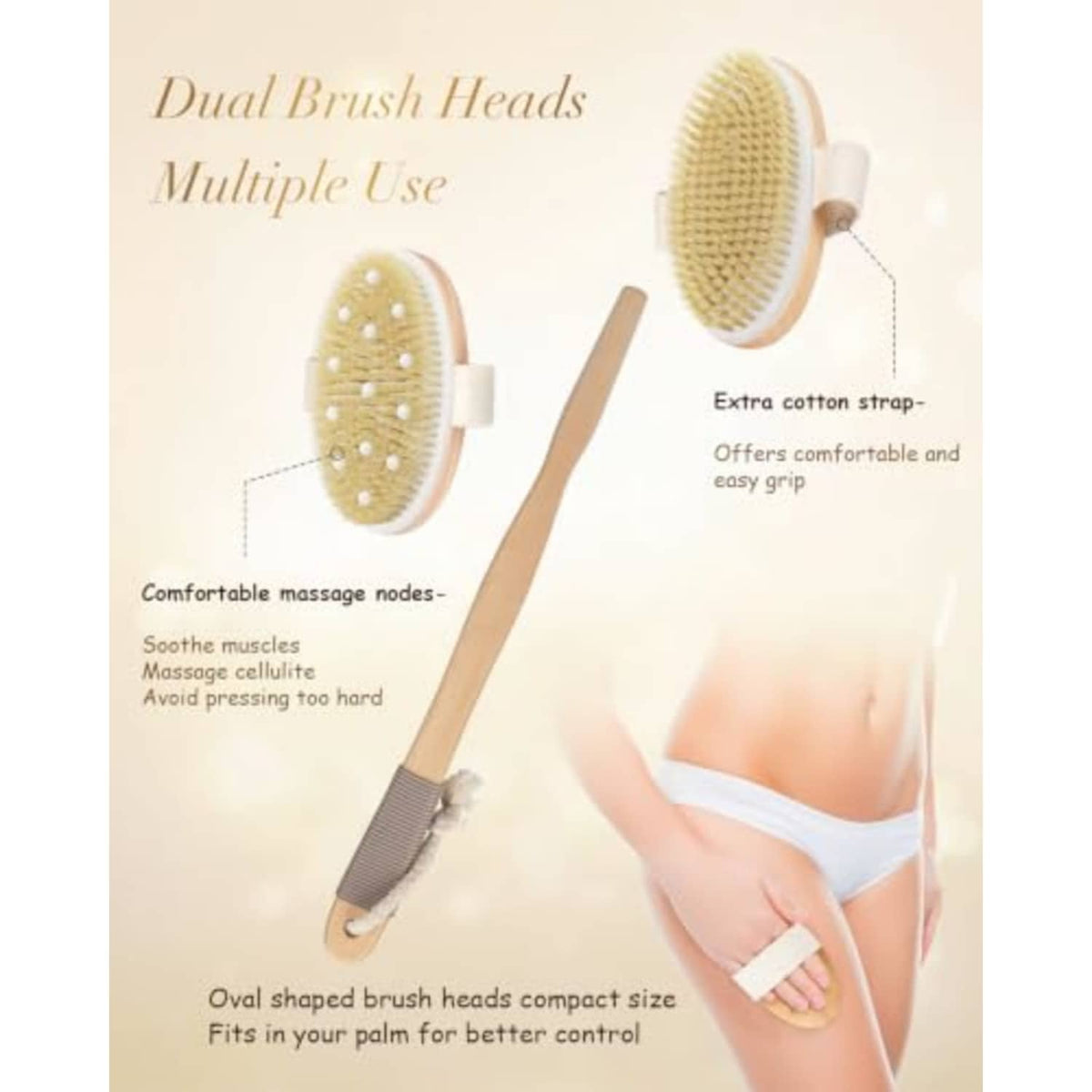 Dual brush heads with massage-node pad and removable cotton strap for easy grip