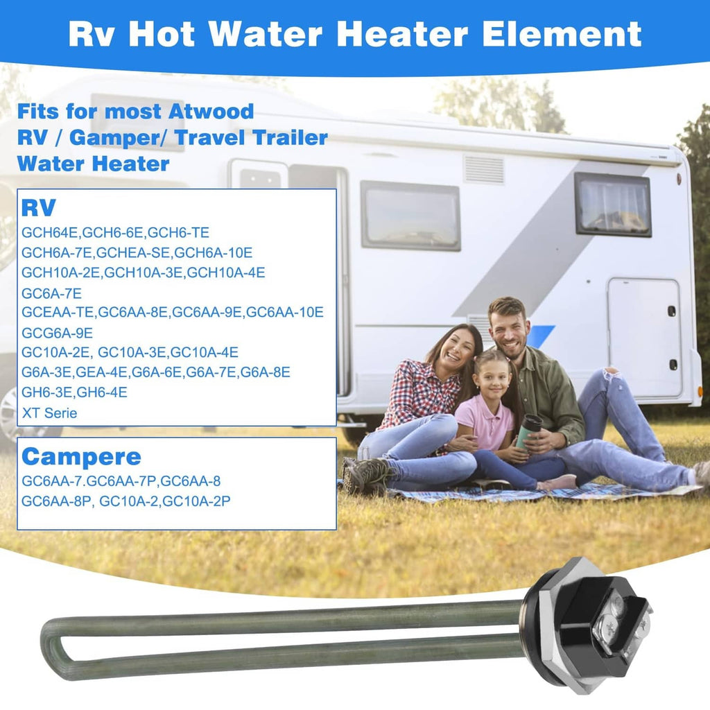 RV water heater element with long U-shaped metal tube and hex mounting connector