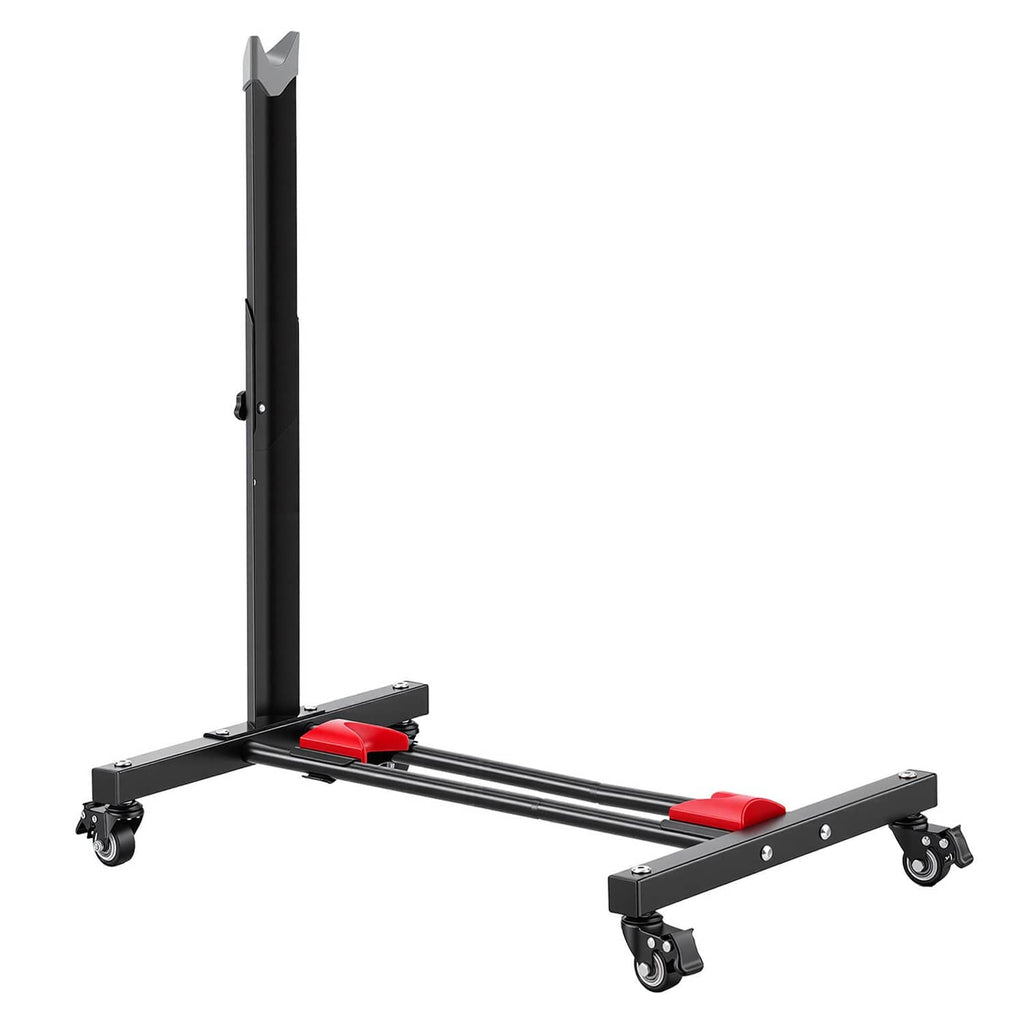 Compact bike stand with upright post, black rails, red pads, and rolling caster base