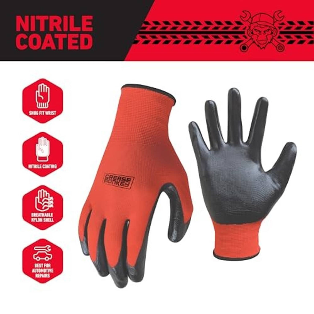 Nitrile-coated orange work gloves with black rubberized palm and fingertips, pair