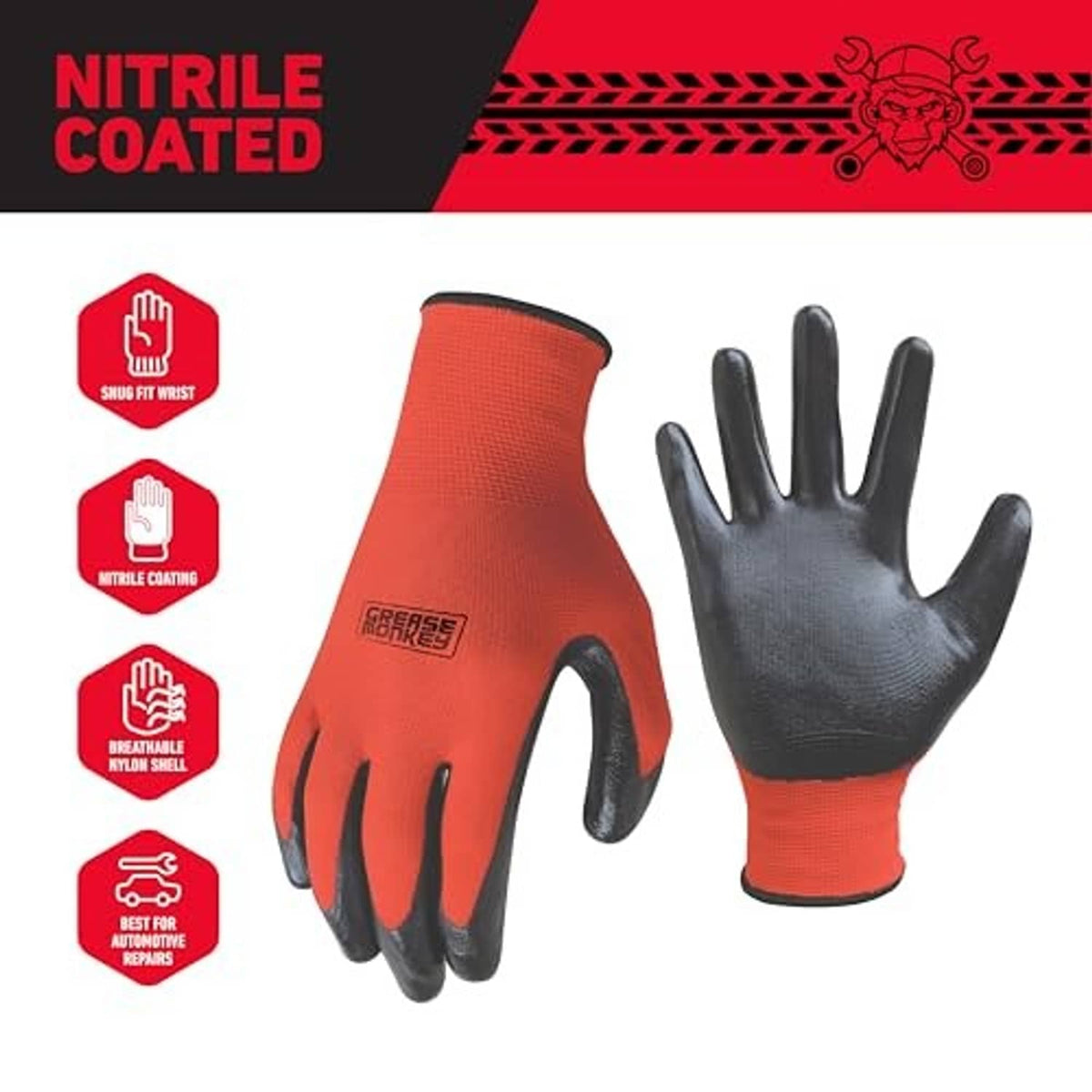 Nitrile-coated orange work gloves with black rubberized palm and fingertips, pair