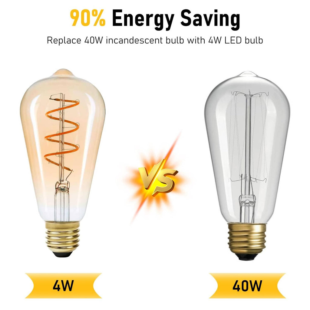 Two LED Edison bulbs showing amber spiral filament, E26 base, 4W vs 40W