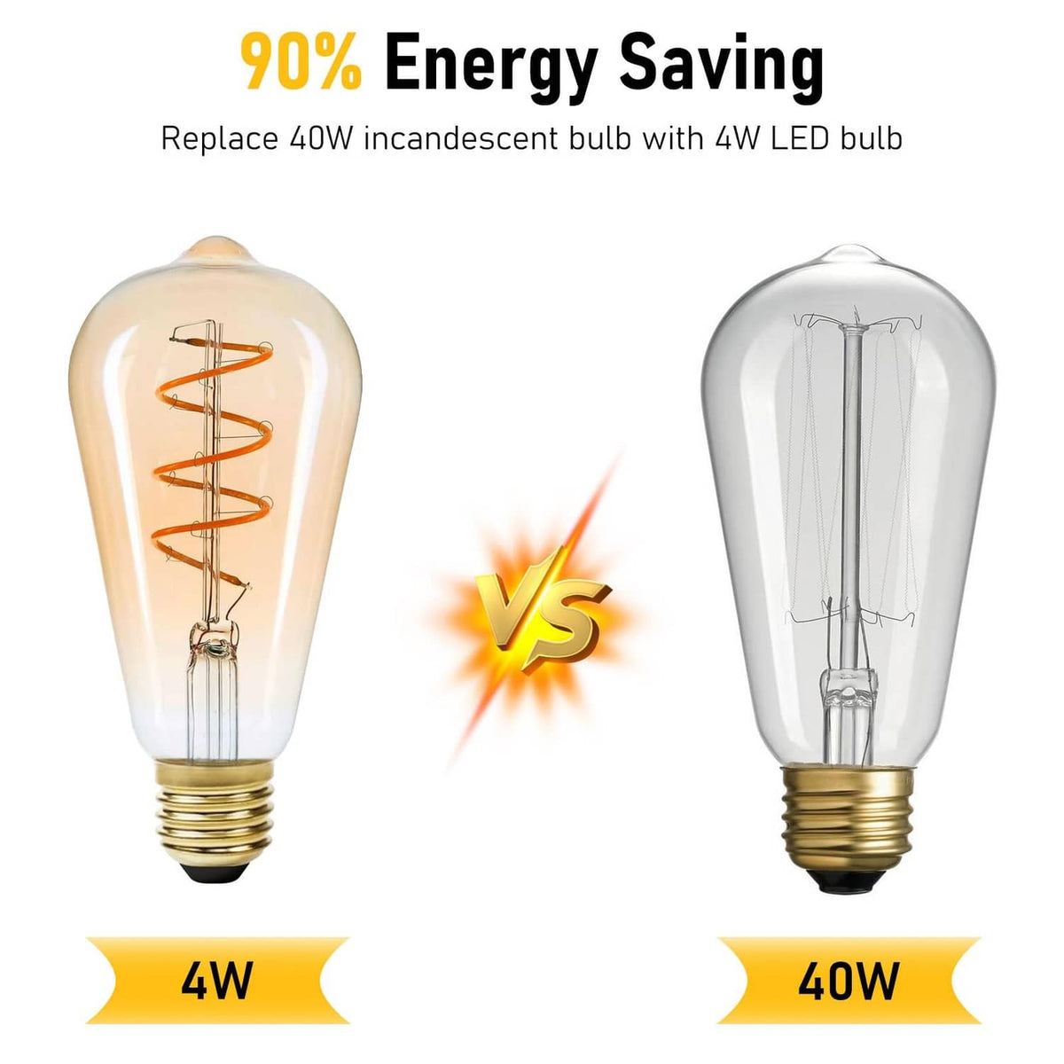 Two LED Edison bulbs showing amber spiral filament, E26 base, 4W vs 40W