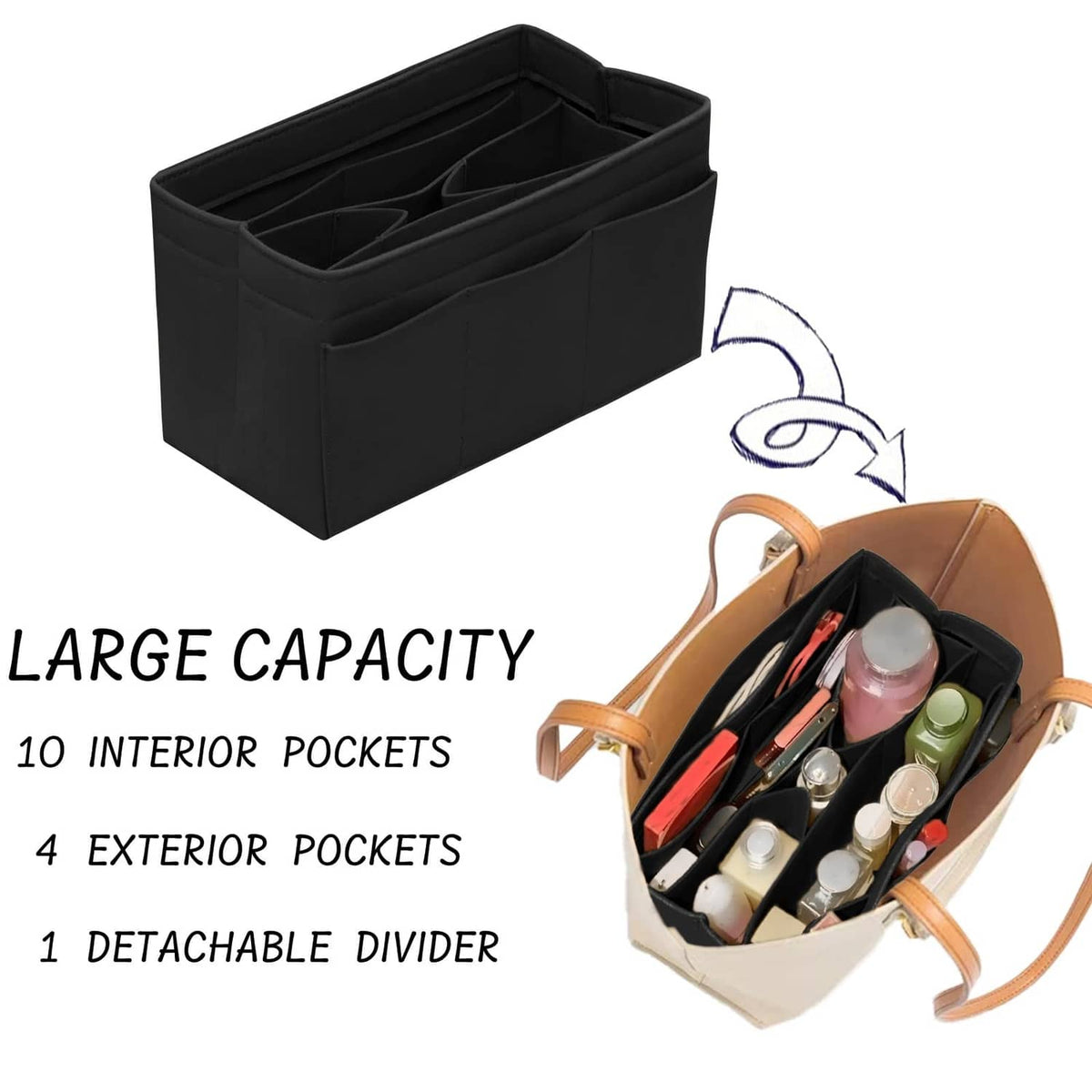 Black felt purse organizer insert with interior compartments and side access openings