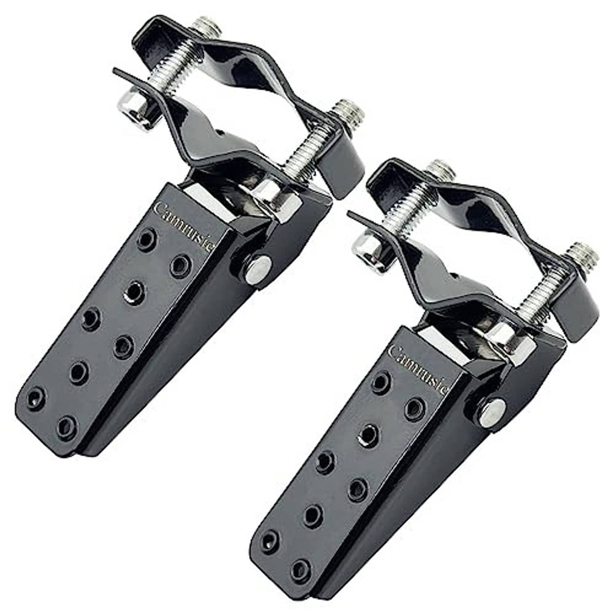 Universal motorcycle foot pegs set with black perforated plates and silver clamps