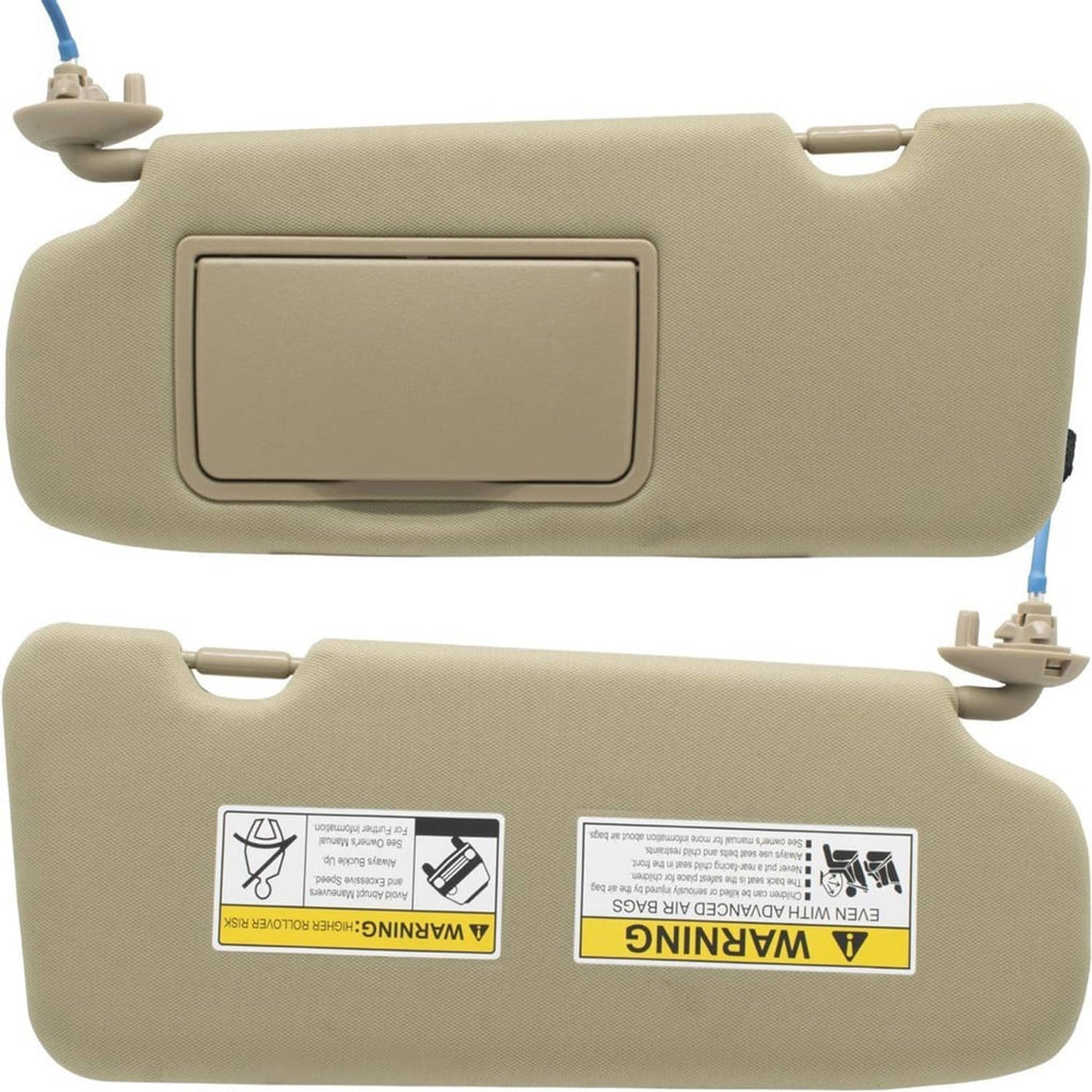 Beige left driver-side sun visor with mirror window, light wiring, and label tags