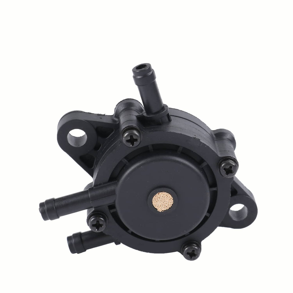 Black diaphragm fuel pump with circular cover and copper mesh insert, angled side ports