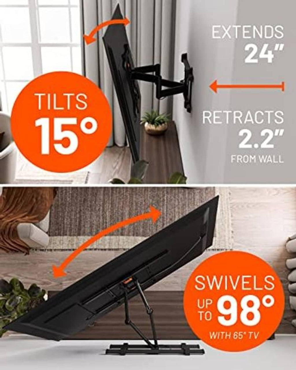 Full-motion TV wall mount bracket shown tilted and extended, black mounting arms