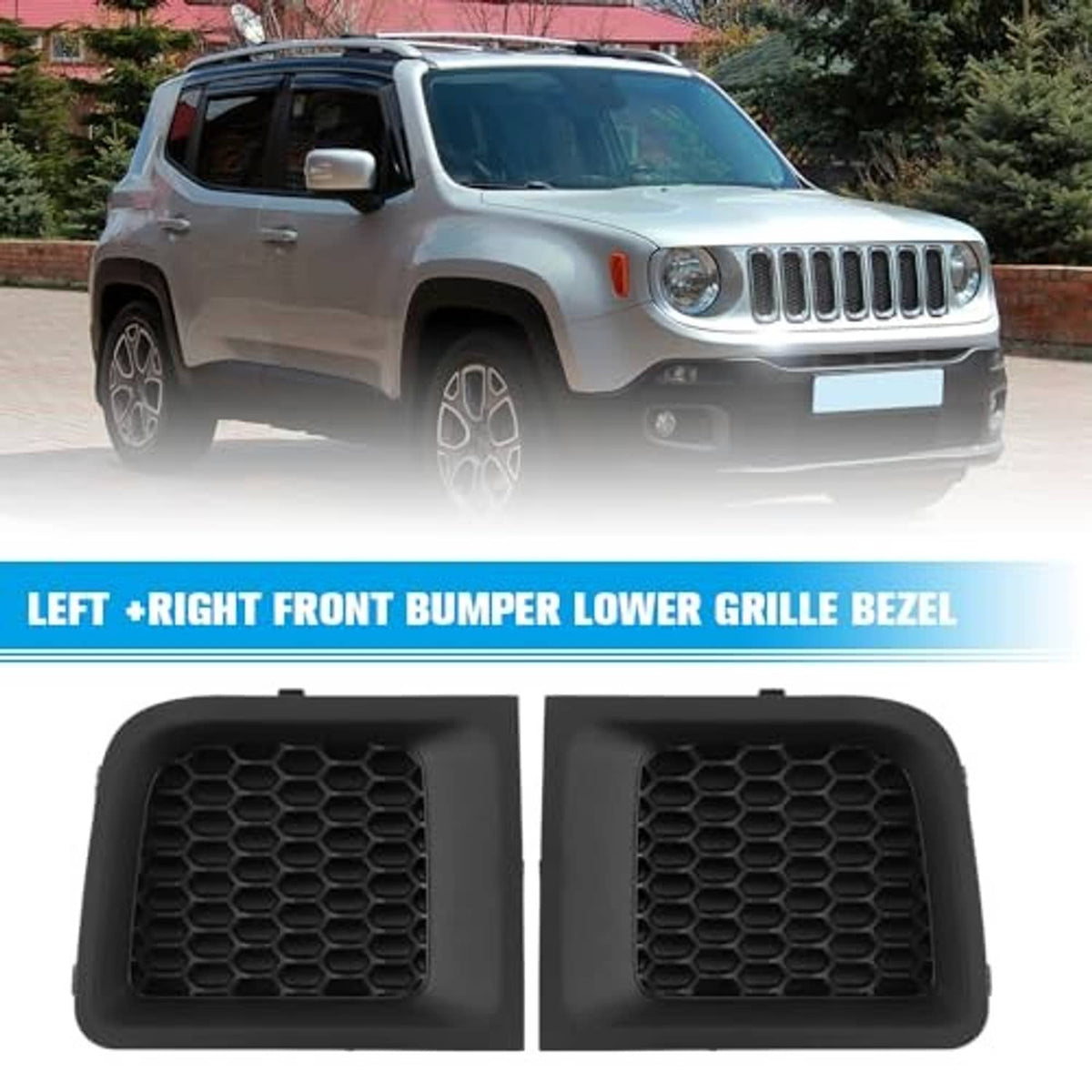 Two black front lower grille bezels with hex honeycomb mesh for bumper opening