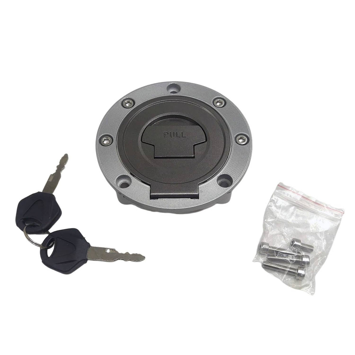 Fuel tank cap cover, round metal with pull slot, includes keys and hardware