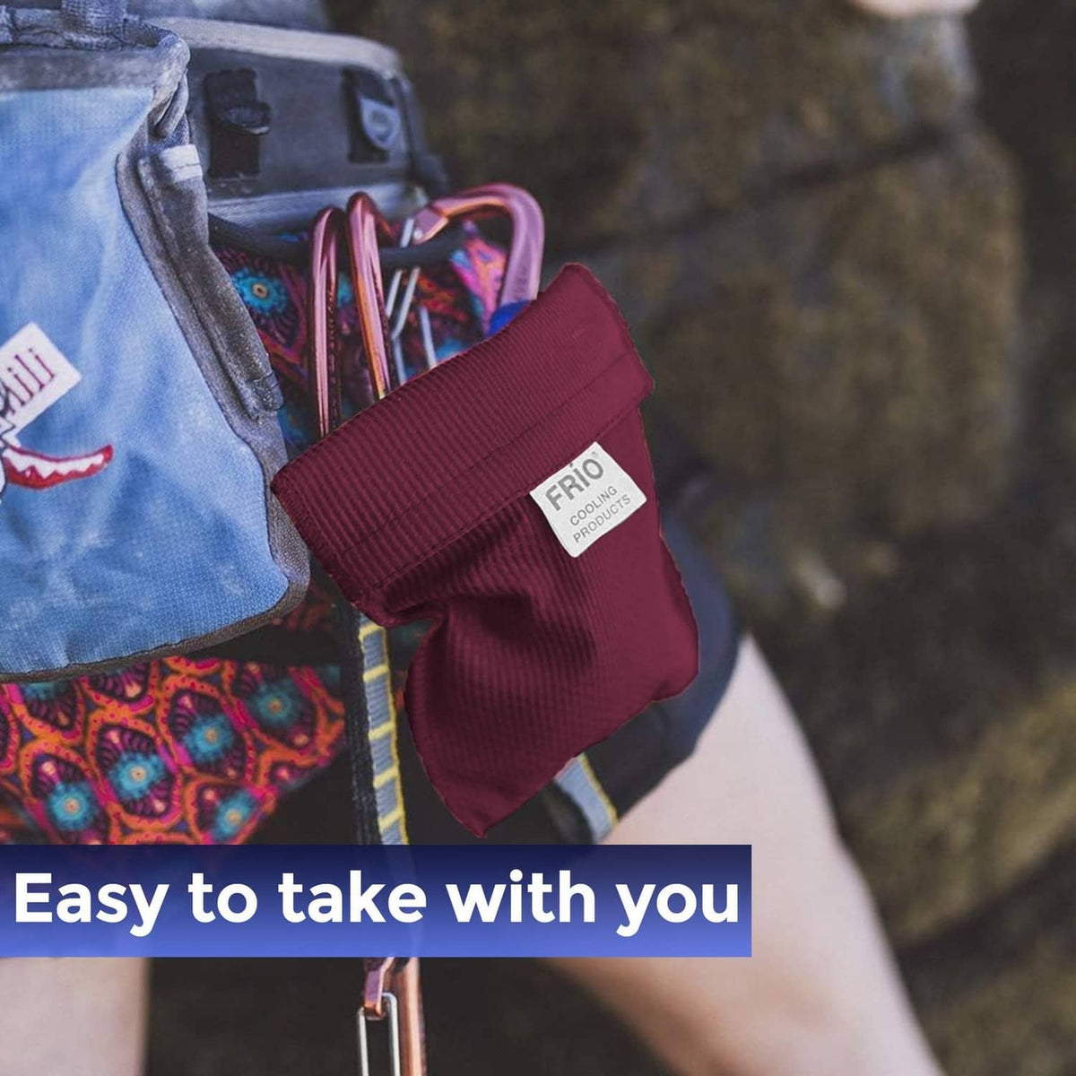 Burgundy FRIO cooling wallet pouch with elastic pocket and hanging straps