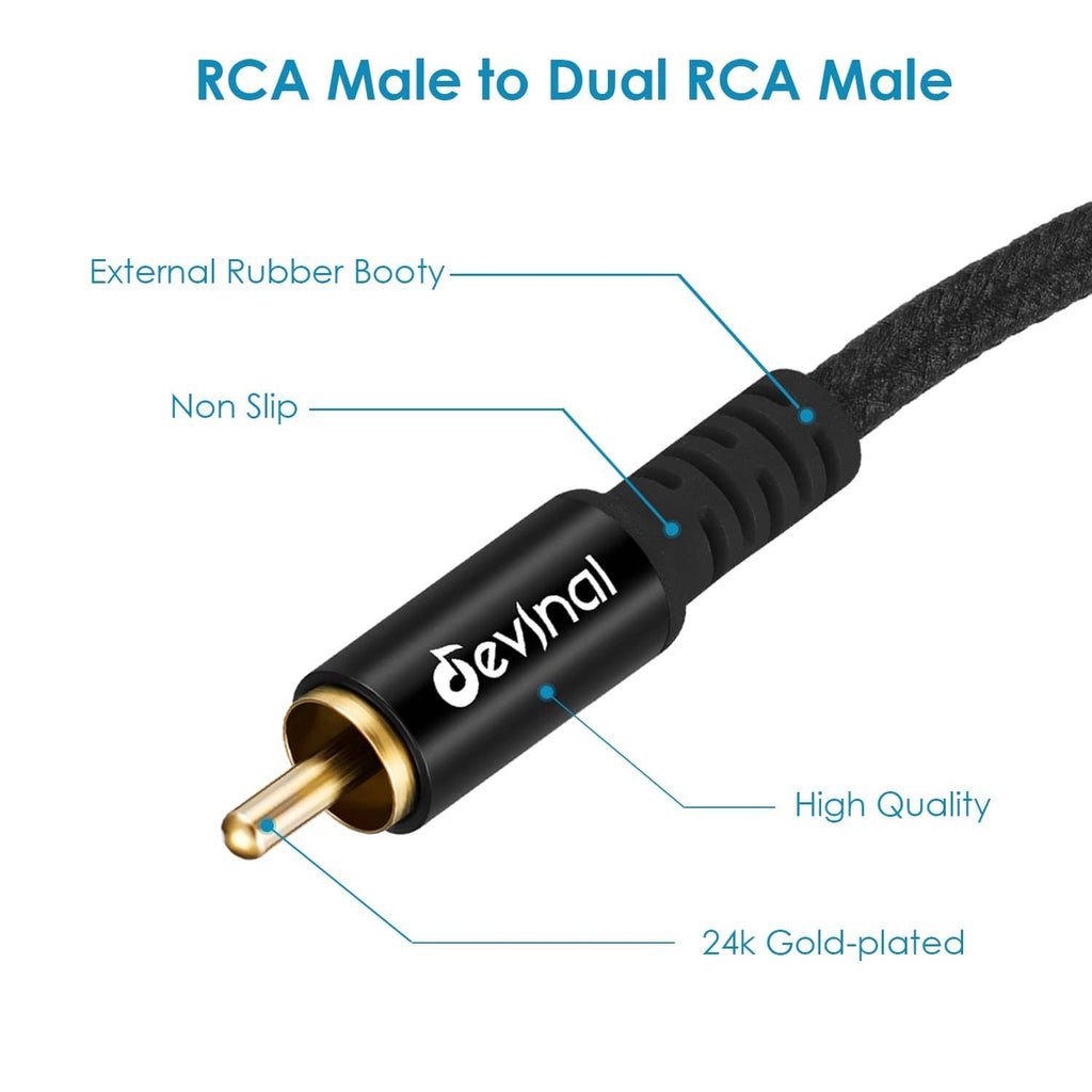 Black RCA male to dual RCA male splitter cable with gold-plated connector