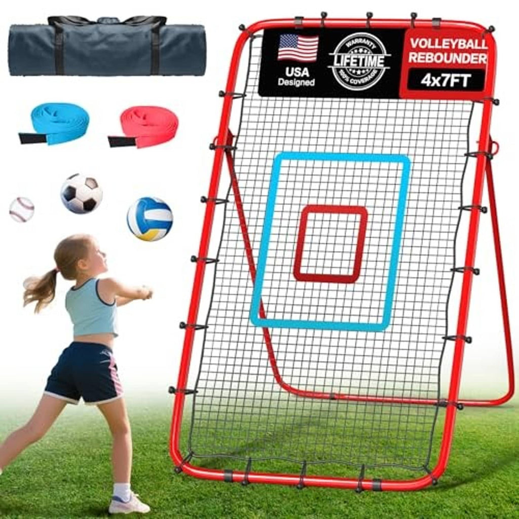 Red and black volleyball rebounder net with blue and red target panels, with balls and bag