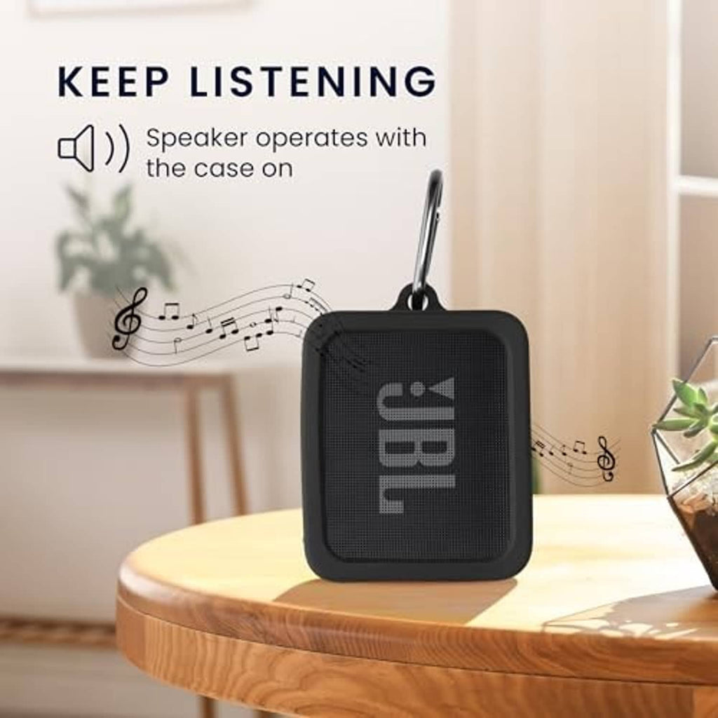 Black silicone protective case with carabiner clip for a mini portable speaker