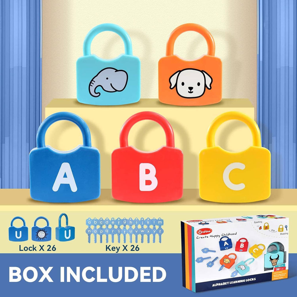 Alphabet padlocks showing letters A, B, and C on a shelf