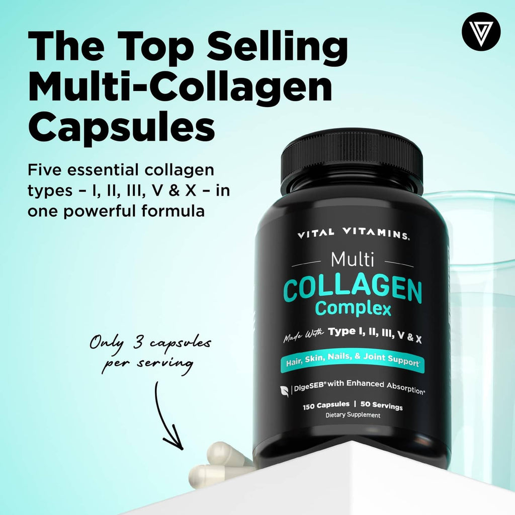 Black Multi Collagen Complex supplement bottle with label and ribbed cap, angled view