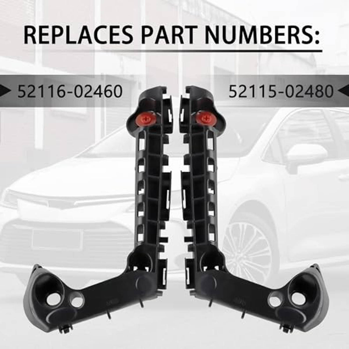 Front bumper mounting support bracket pair, black plastic frames with red fasteners