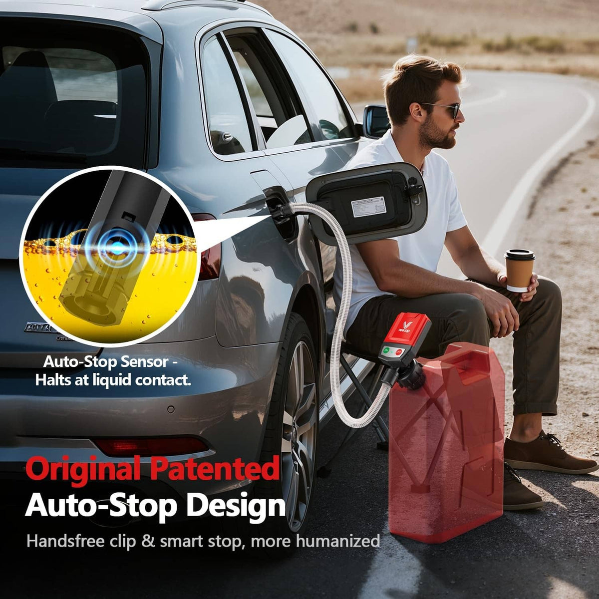 Portable red fuel transfer pump with clip-on nozzle and long white hose at a vehicle