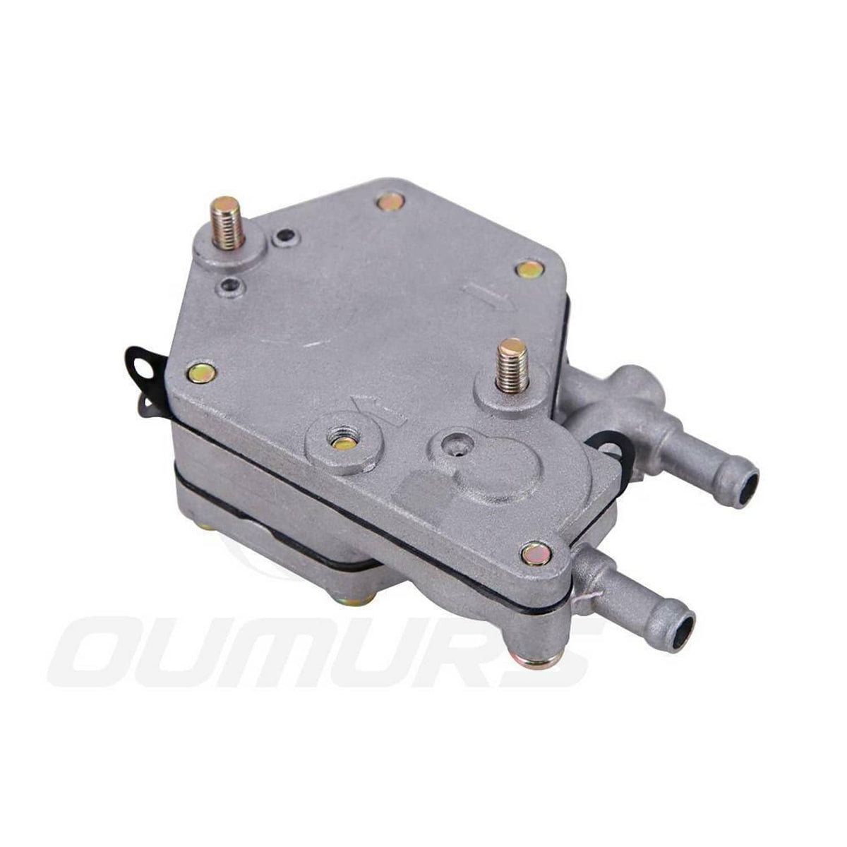 Grey fuel pump assembly with side mounting plate and dual inlet/outlet ports