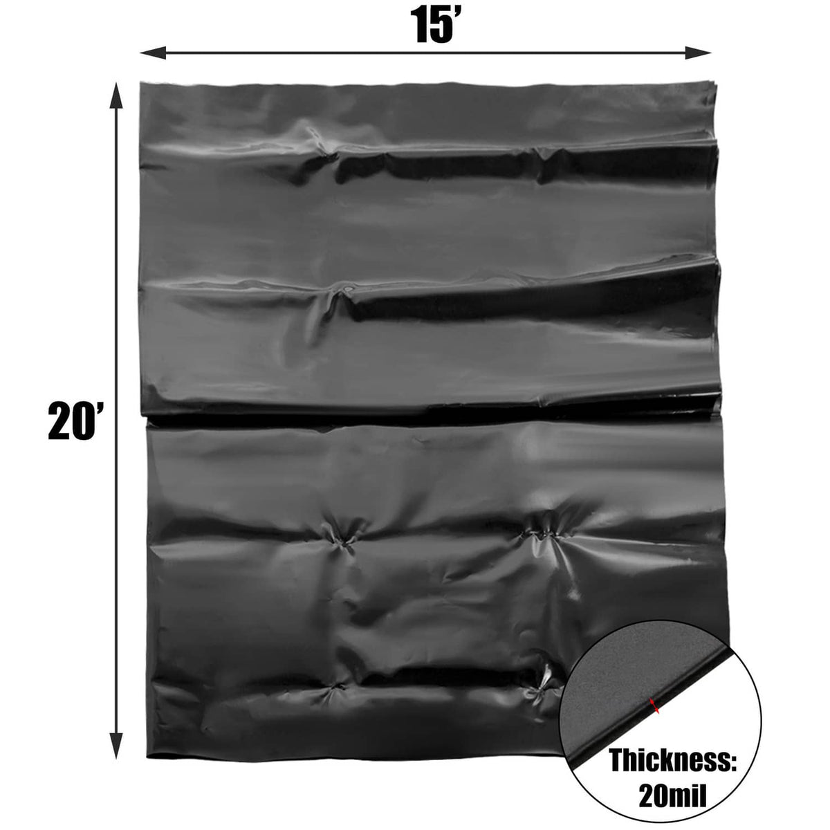 Black 15x20 ft pond liner dimension diagram with 20 mil thickness callout