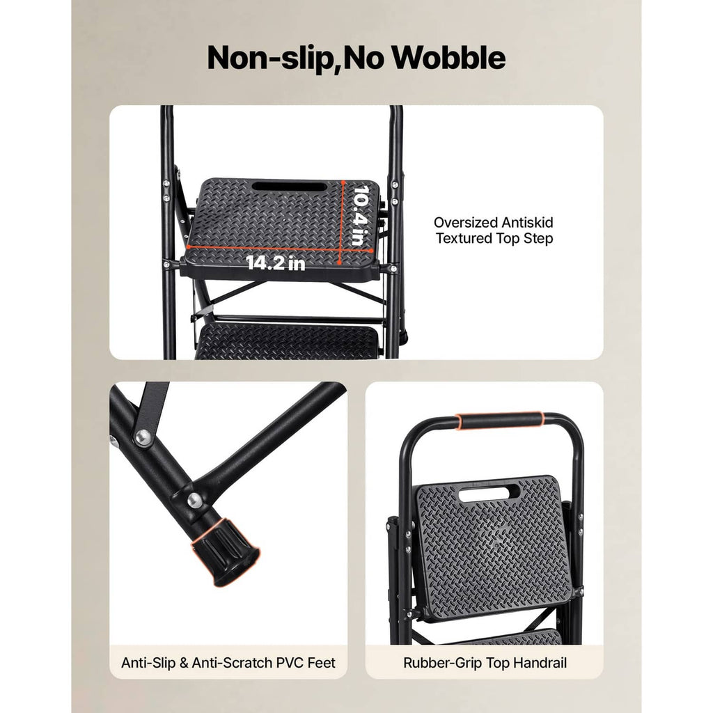 2-step ladder with textured anti-slip steps and top handrail for stable footing