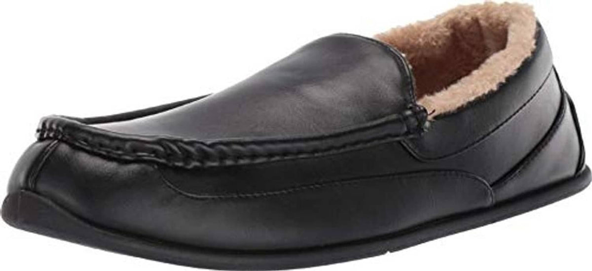 Men's black faux-leather slipper with moc-toe stitching and tan fleece collar lining