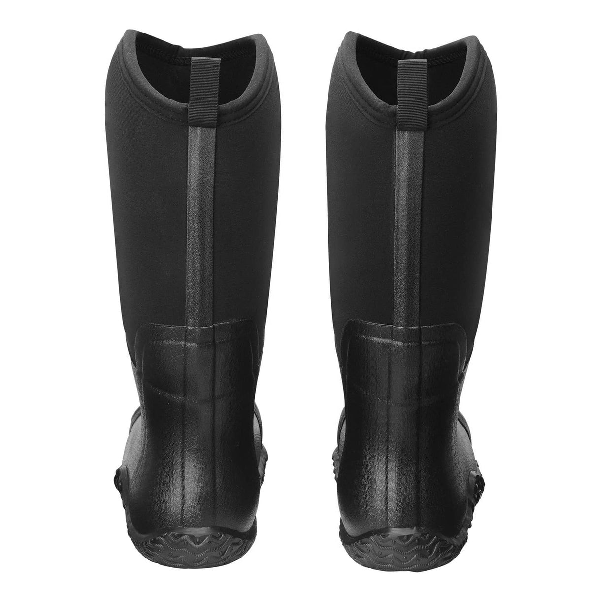Black steel-toe rubber boots with side pull-on strap, rugged tread sole