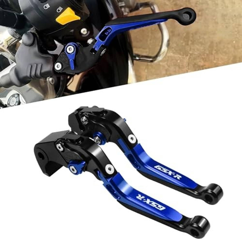 Blue and black adjustable brake and clutch levers with black mounting blocks