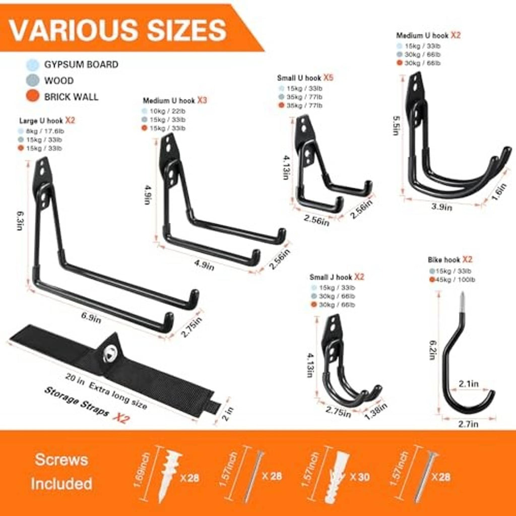 Black garage hook size diagram showing different curved profiles and included screws