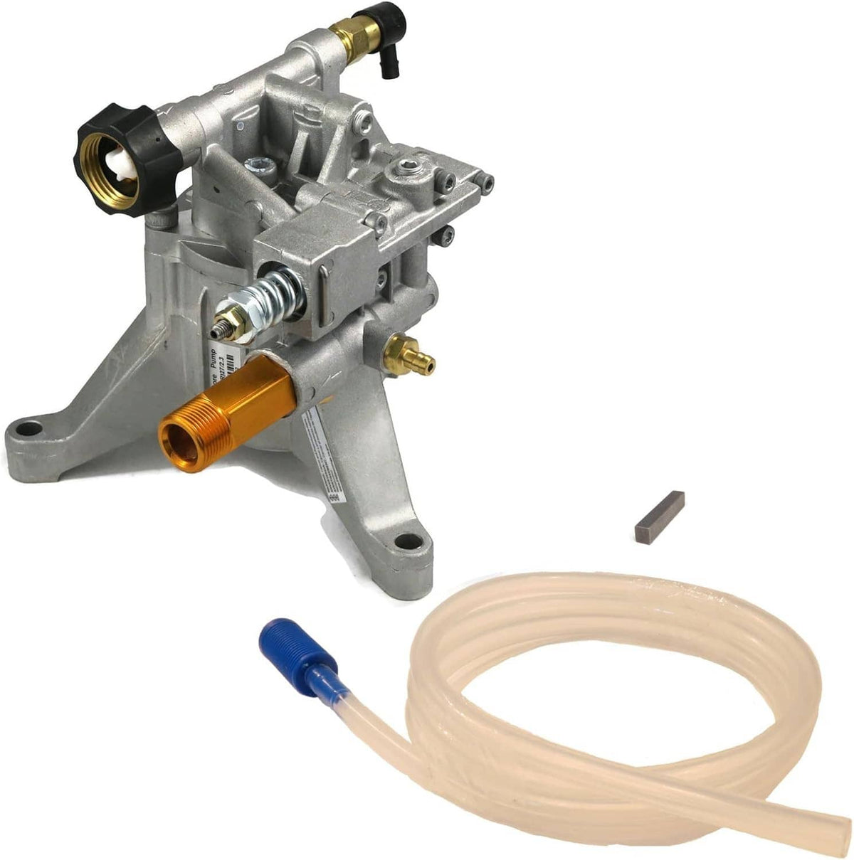 Pressure washer pump assembly with fittings and attached inlet hose