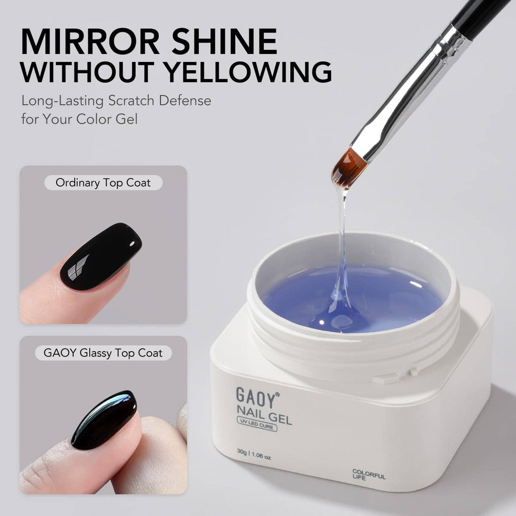 Glassy top coat on black nails, with blue gel in a nail gel jar and brush