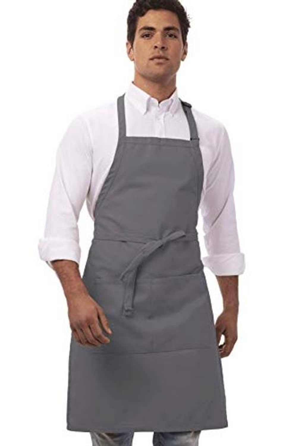 Gray butcher apron with adjustable neck strap and waist ties, front pocket