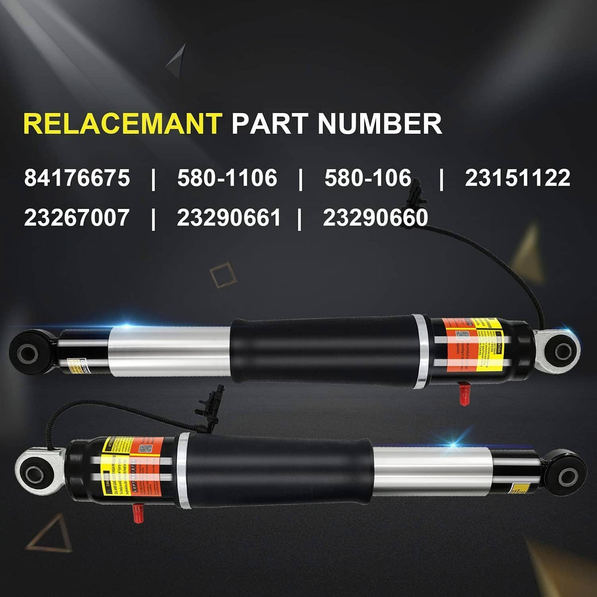 Pair of rear air shock absorbers, black cylinders with silver rods and mounting eyes
