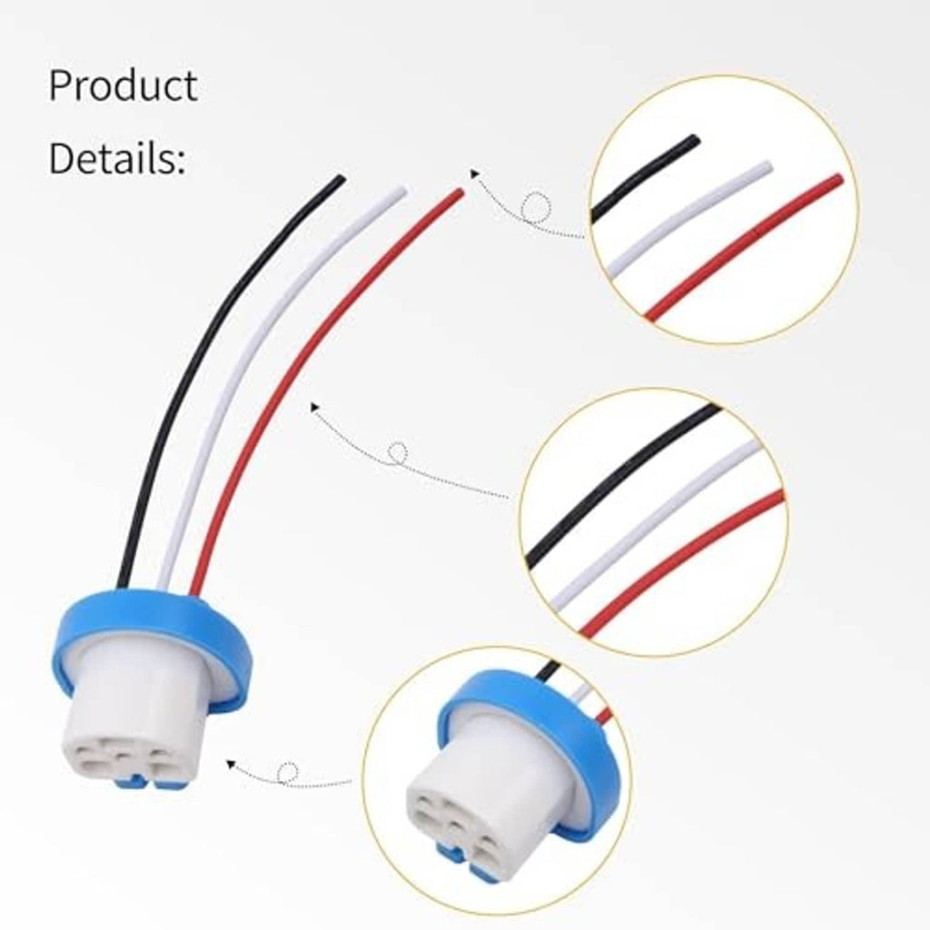 Wire harness extension connectors with blue collars, white plugs, and black/white/red insulated wires