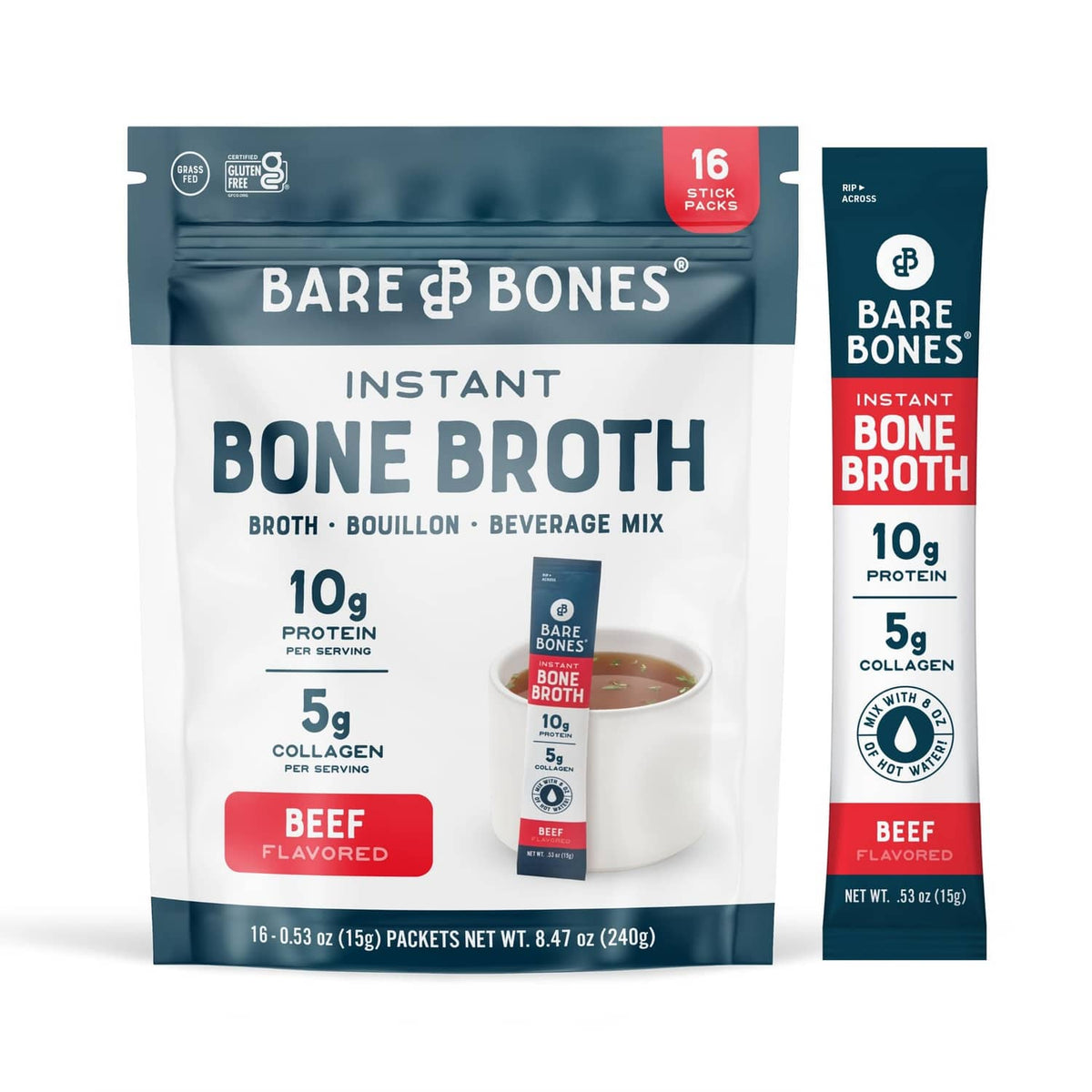 Instant bone broth powder mix packets, Bare Bones brand, 16-pack pouch and single stick
