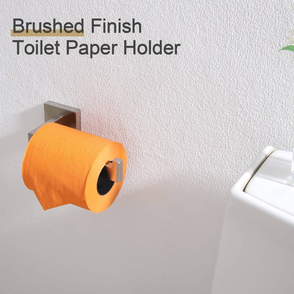 Brushed nickel toilet paper roll holder holding a roll on a mounted bracket