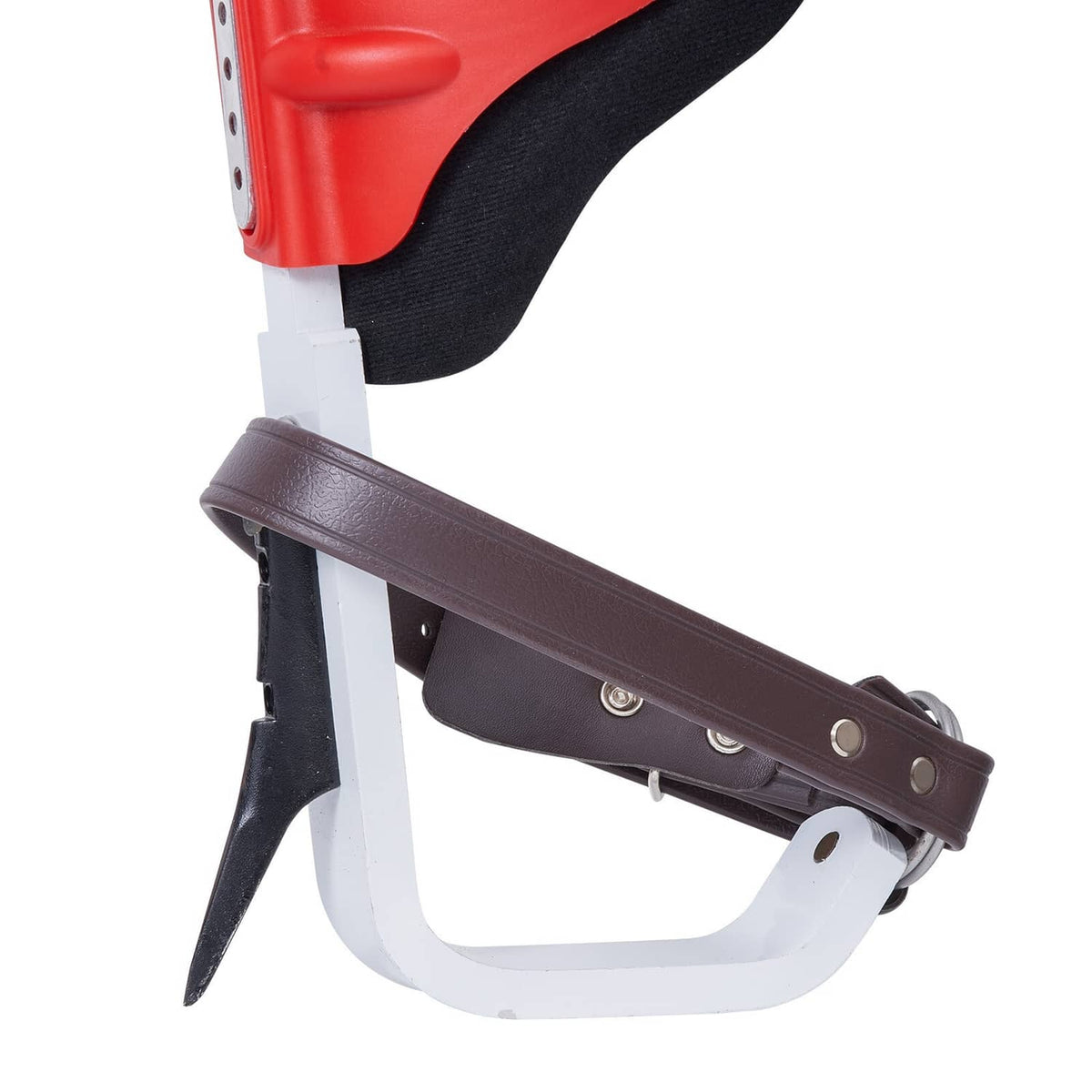 Tree climbing spikes ankle strap with brown bar and buckle on white and red leg guard