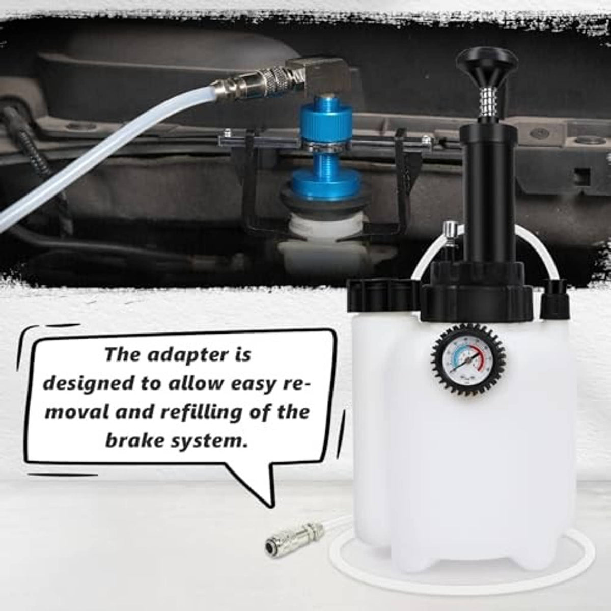 Brake fluid refilling adapter kit connected to reservoir with hose and blue fitting