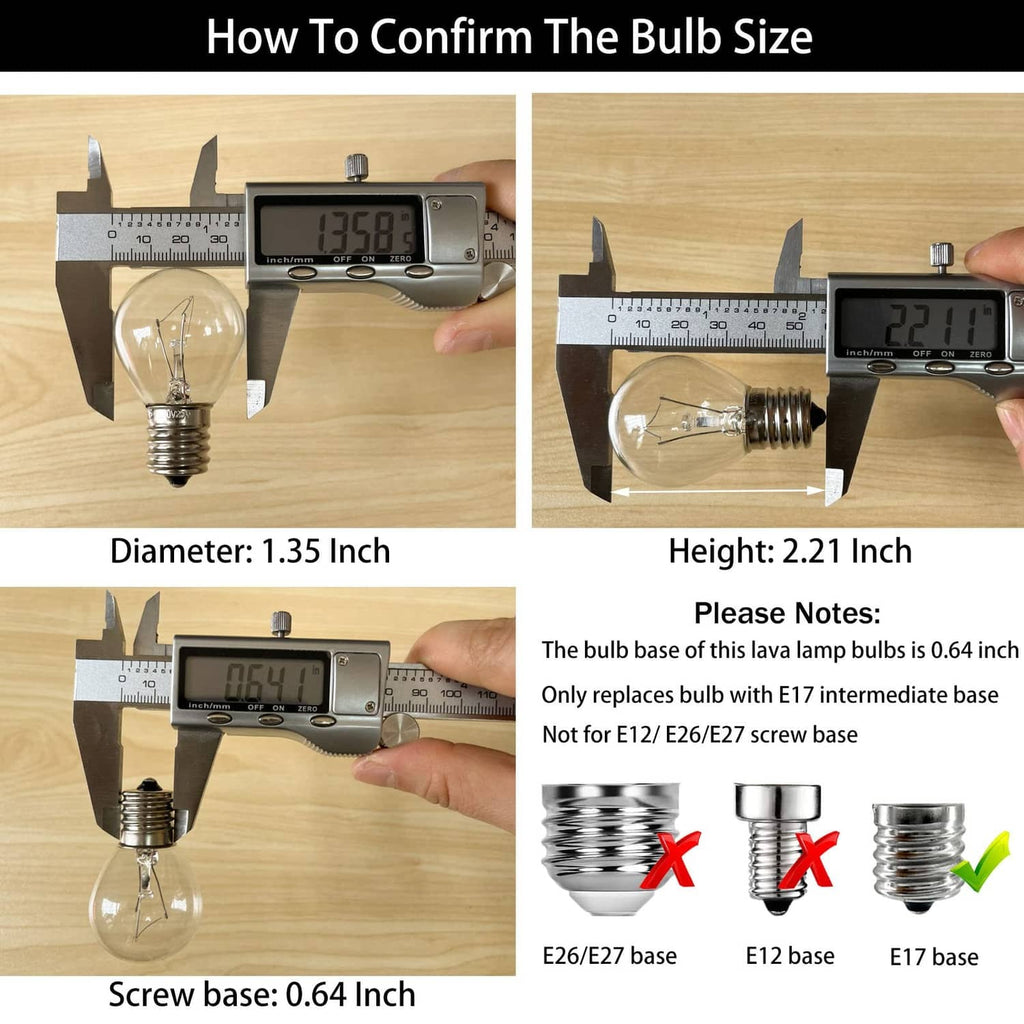 Lava lamp bulb size check: caliper shows about 1.35 in diameter