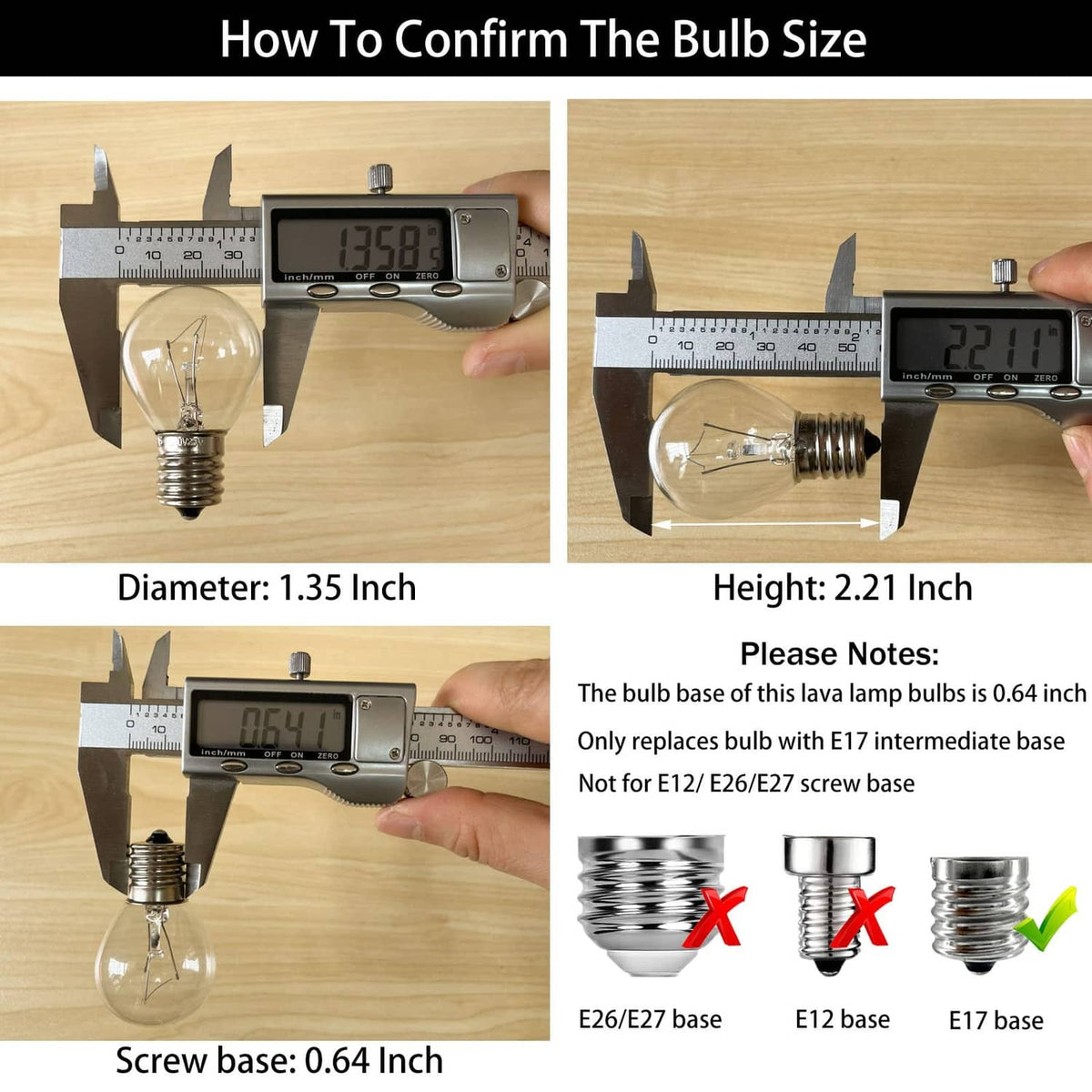Lava lamp bulb size check: caliper shows about 1.35 in diameter