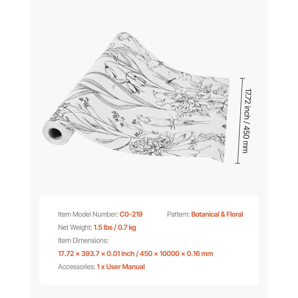 Self-adhesive wallpaper roll with black botanical floral pattern on white, rolled view