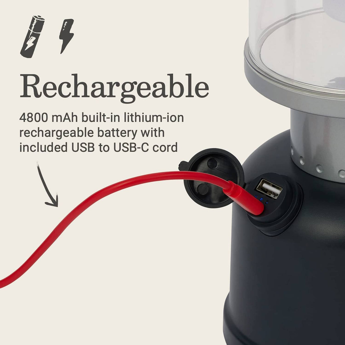 Black lantern base with charging port and red USB-C cable connected to device.