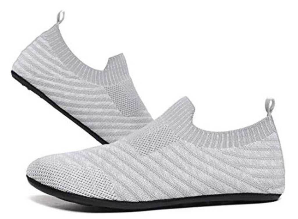 Light gray knit slip-on indoor house shoe with black bottom trim